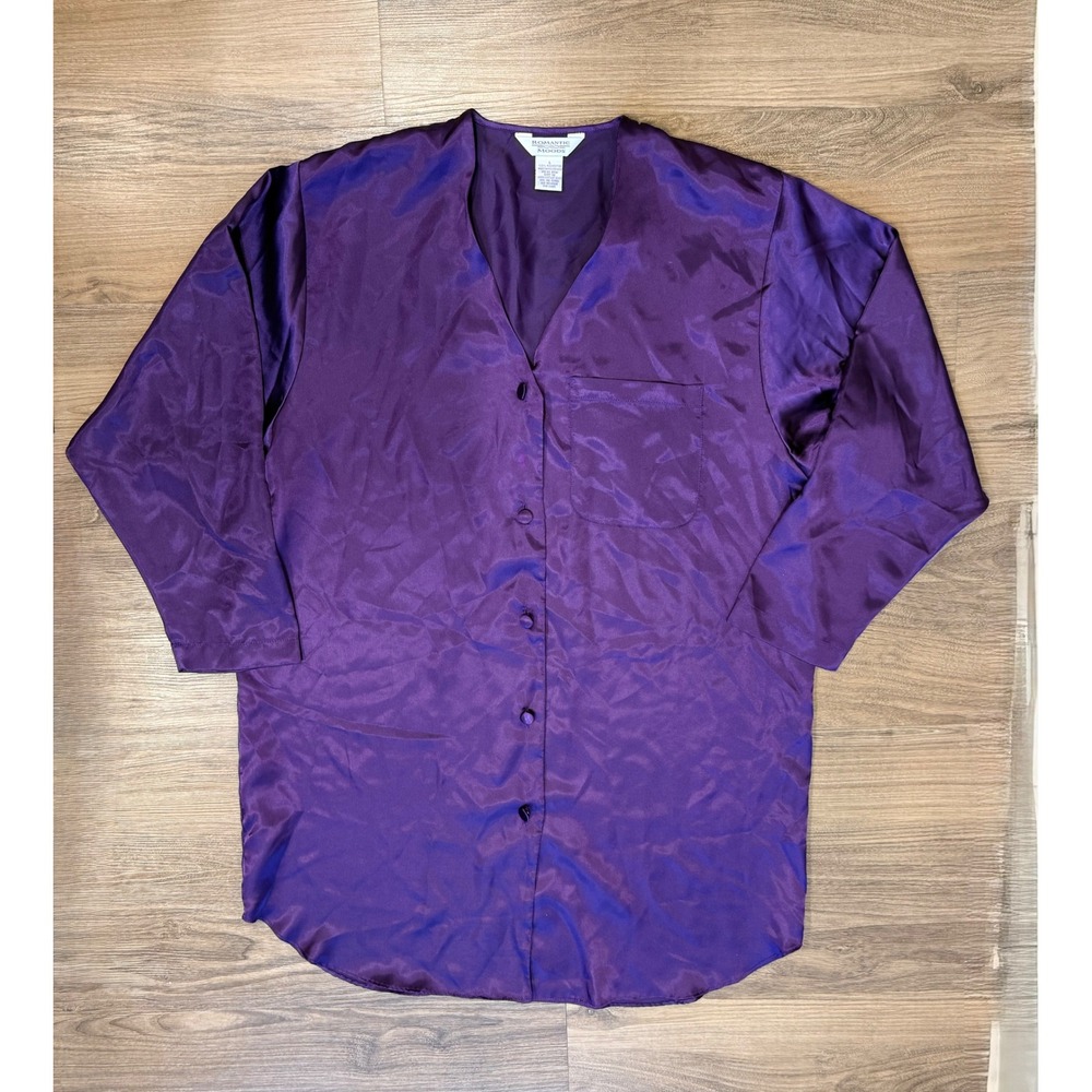 Romantic Moods Purple Satin Sleep Shirt Long Sleeve Button Front Nightgown L